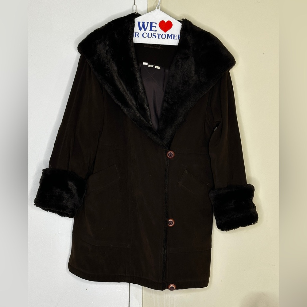 Nuage by Capital Garment Women’s Faux Fur Trim Suede-Look Coat Jacket